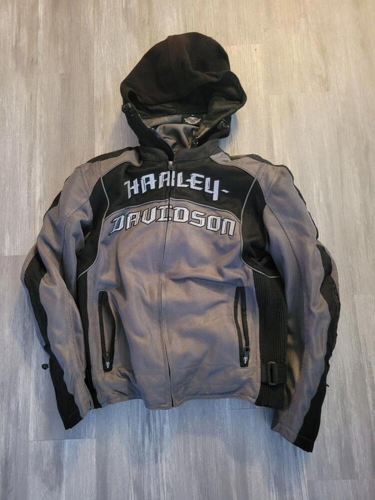 Mens Medium Embroidered Harley Davidson Canvas Mesh Jacket With ARMOUR and Hoody